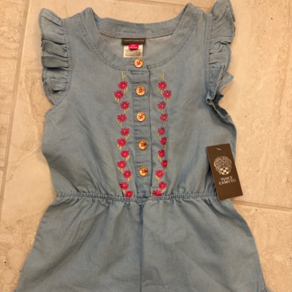 NWT Vince Camuto Girls Size 6X Cotton Blend Embroidered Chambray Romper Summer